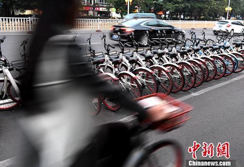 资料图：路人骑着共享单车经过“车堆”。<a target='_blank' href='http://www.chinanews.com/'>中新社</a >记者 张斌 摄