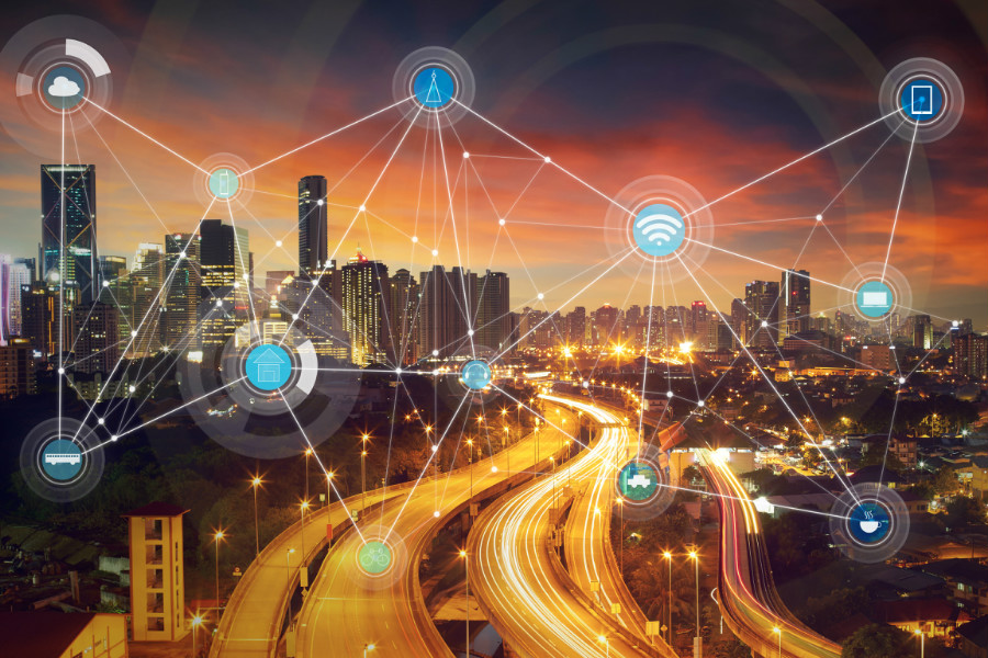 智能城市与无线通信网络抽象图像可视化物联网,城市交通,人工智能,大数据,云计算
