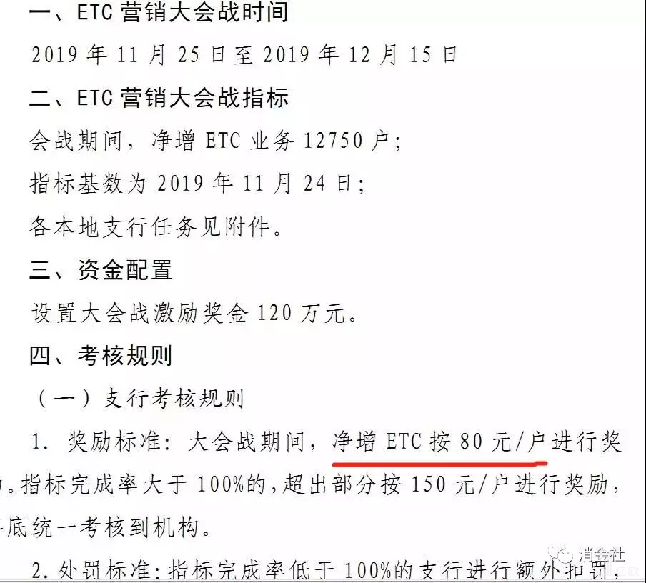 某银行2019年底的阶段ETC推广目标与奖惩规则