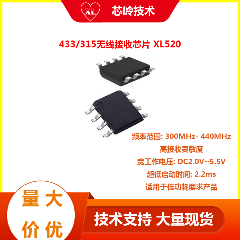 433无线接收芯片 XL520 高集成度 低功耗 射频芯片